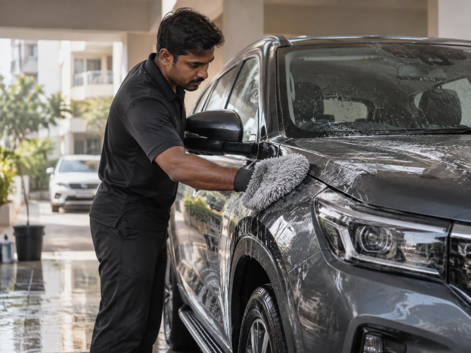 Professional doorstep car wash in residential parking